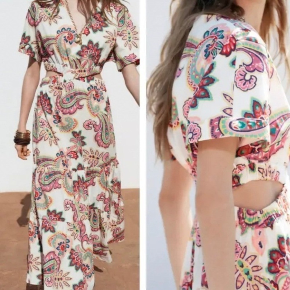 Zara Pink Paisley Cut Out Maxi Dress XL Cotton Tiered Boho V-Neck Short Sleeve